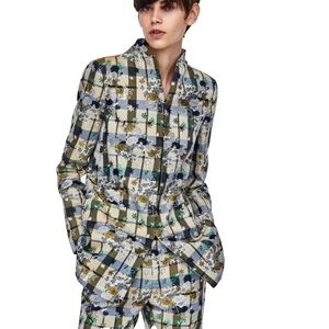 Zara Basic Blazer Women Medium Grid Botanical Mandarin Jacquard Long Line